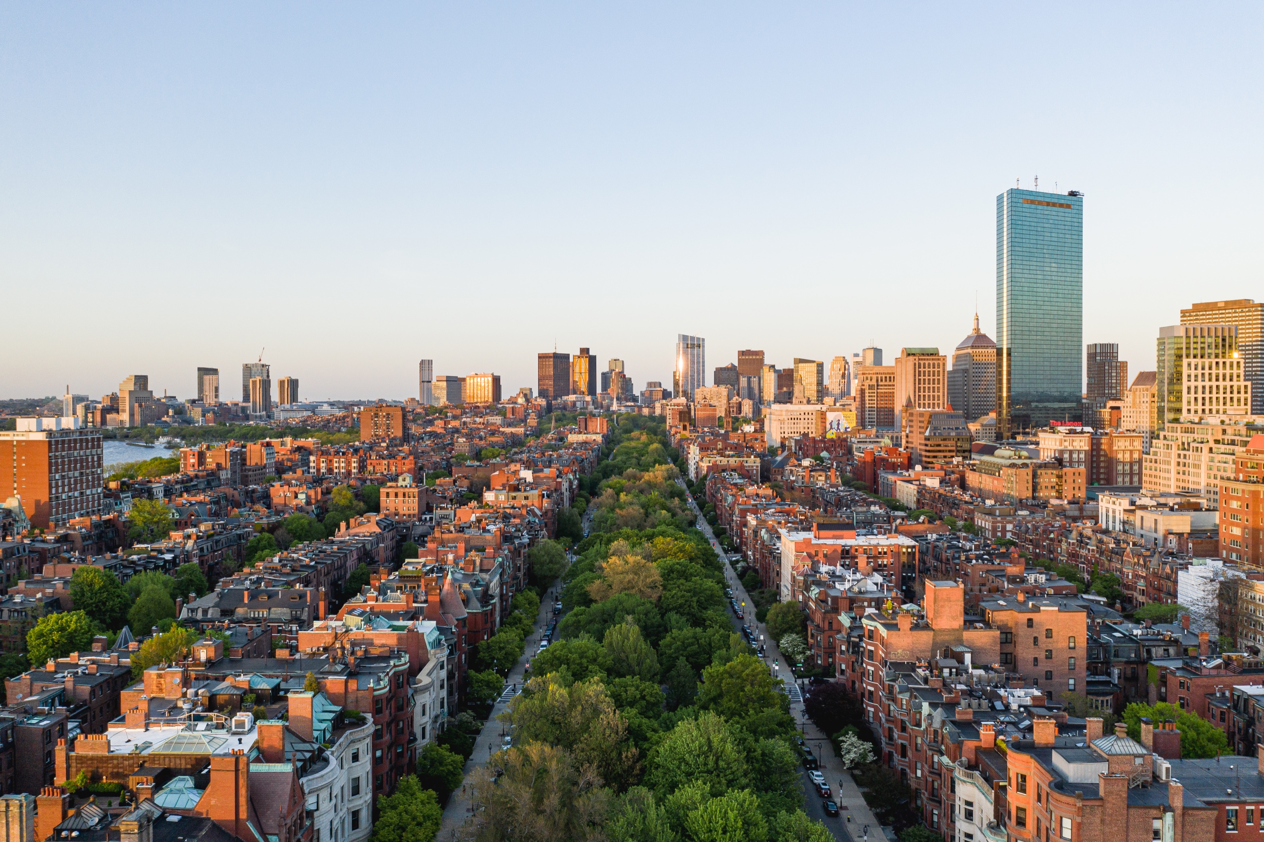 An aerial view across Boston's Back Bay toward the city skyline